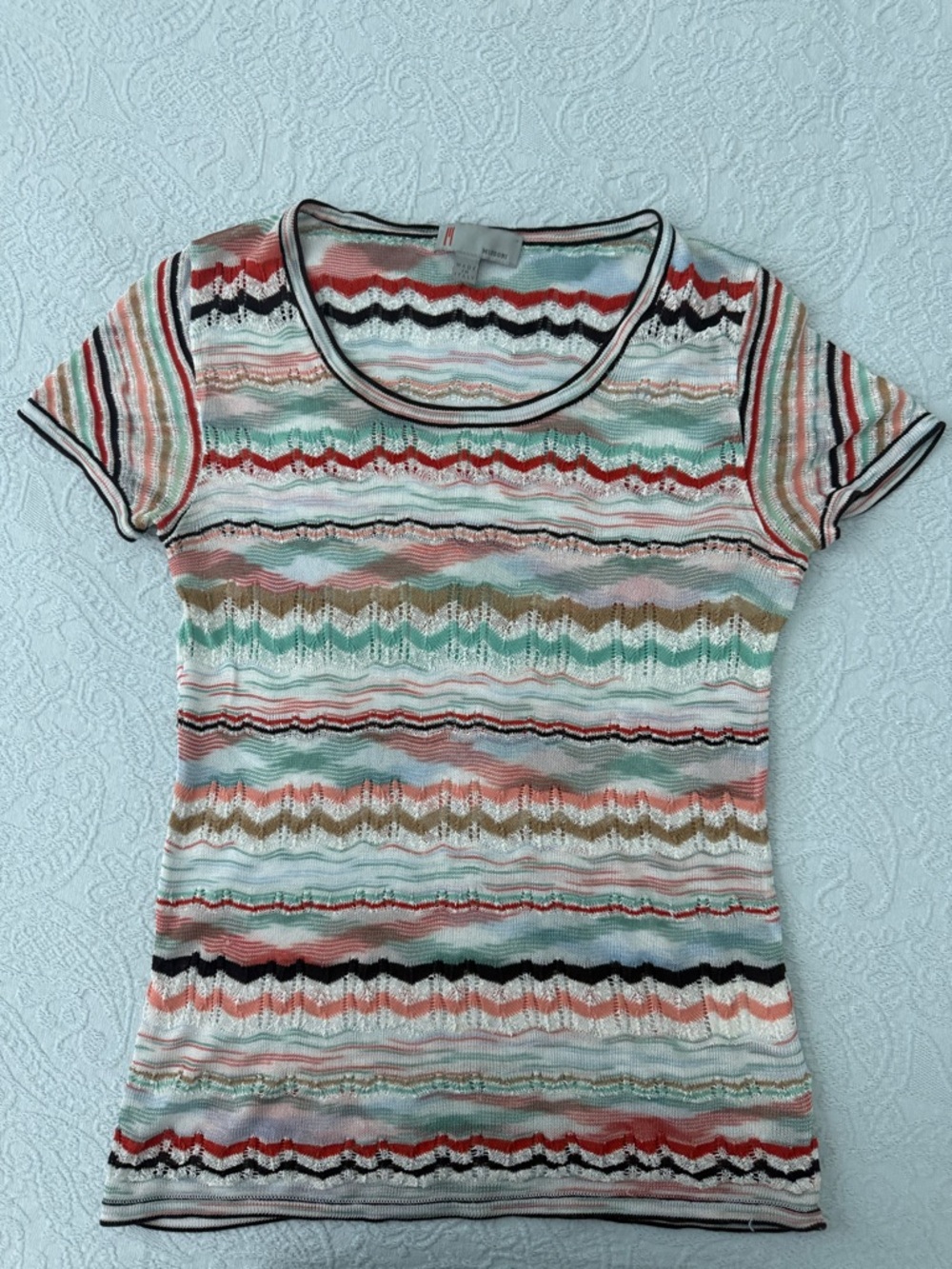 Missoni Short Sleeve Zigzag Knit Top in Mint, Coral, Black, Cream